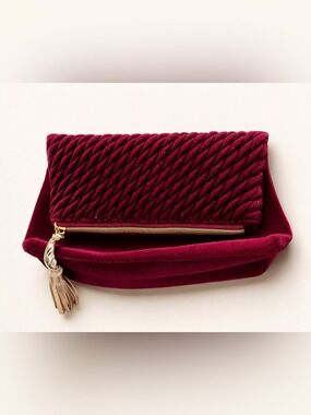 Burgundy Velvet Quilted Clutch Pouch Gold Tassel